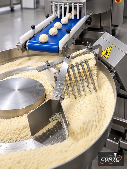 Pães de queijo recebendo a camada de queijo no disco giratório